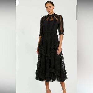 Mac Duggal Black High Neck Ruffle Tiered A-Line Midi Dress